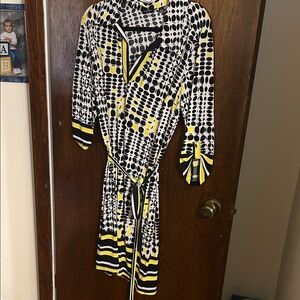 Mlle Gabrielle Black and Yellow polkadot dress with striped sleeveslarge.